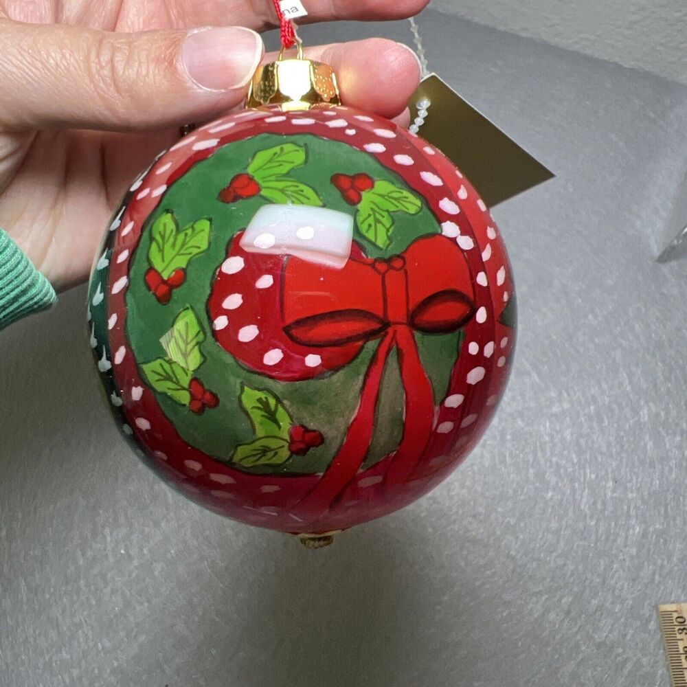 Santa Christmas Tree Reverse Inside Hand Painted Round Glass Ornament in Box